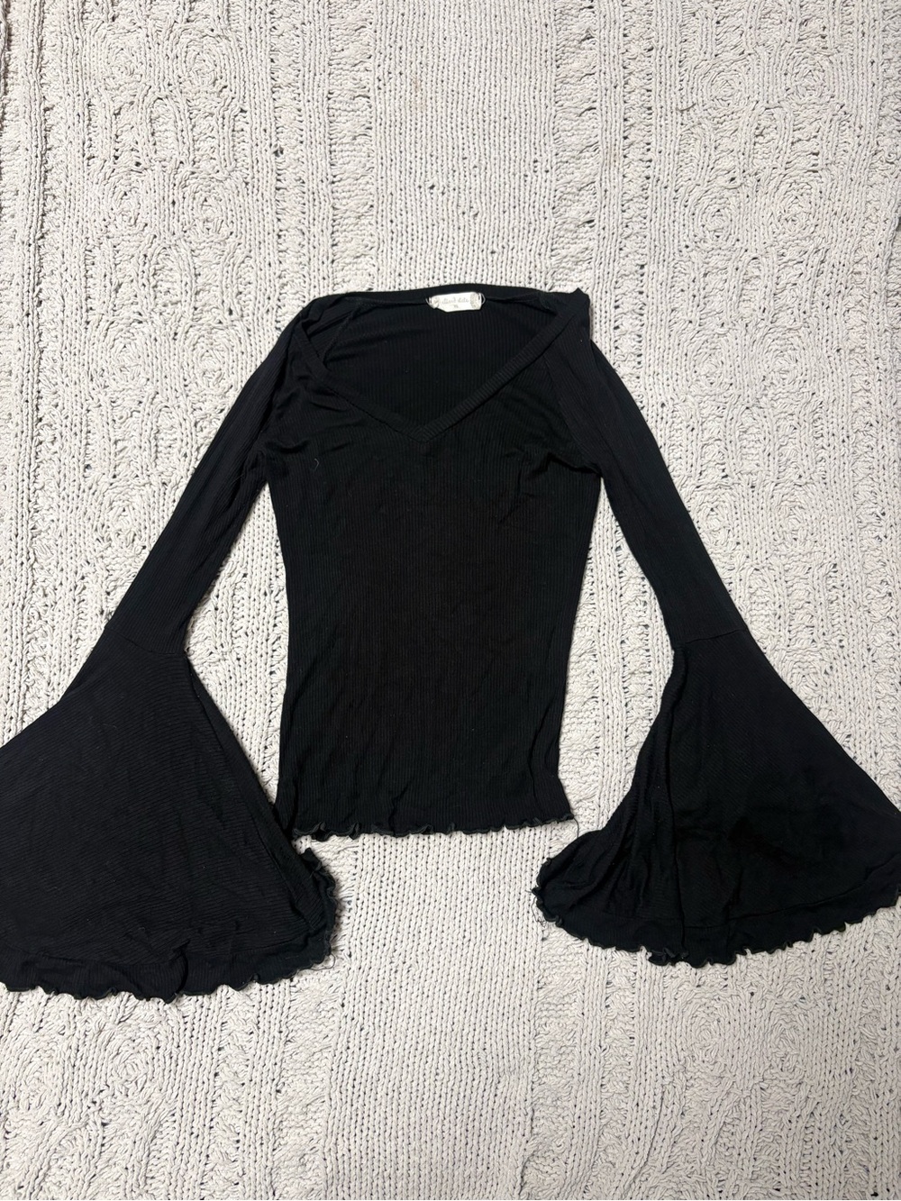 Altar'd State Black Ribbed V-Neck Top with Dramatic Bell Sleeves